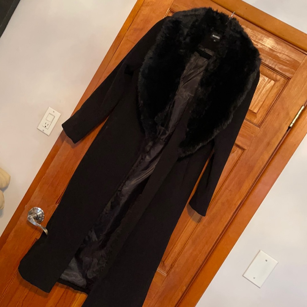 Missguided Long Black Coat with Faux Fur Collar
